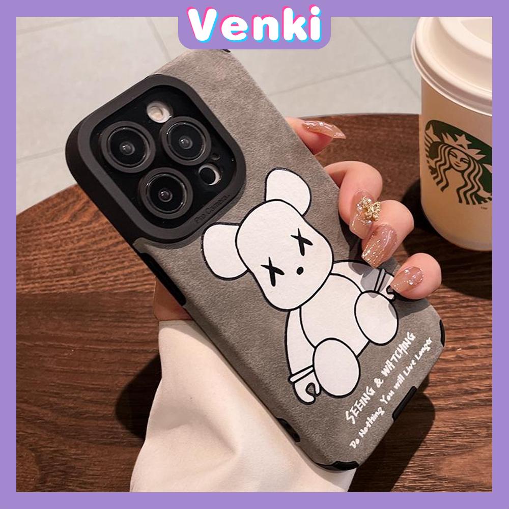 VENKI - Untuk iPhone 11 Case Leather Pupil Suede Case Soft Shockproof Phone Case Camera Protection Simple Grey Cute Bear Kompatibel dengan iPhone 14 13 Pro max 12 Pro max xr xs 7 8Plus