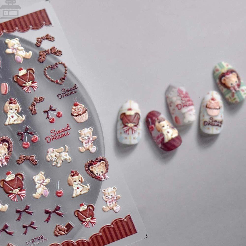 AUGUSTINA Agustina Kartun Stiker Kuku Wanita 5D Relief Manikur Aksesoris Bunga Perekat Diri Beruang Stiker Kuku