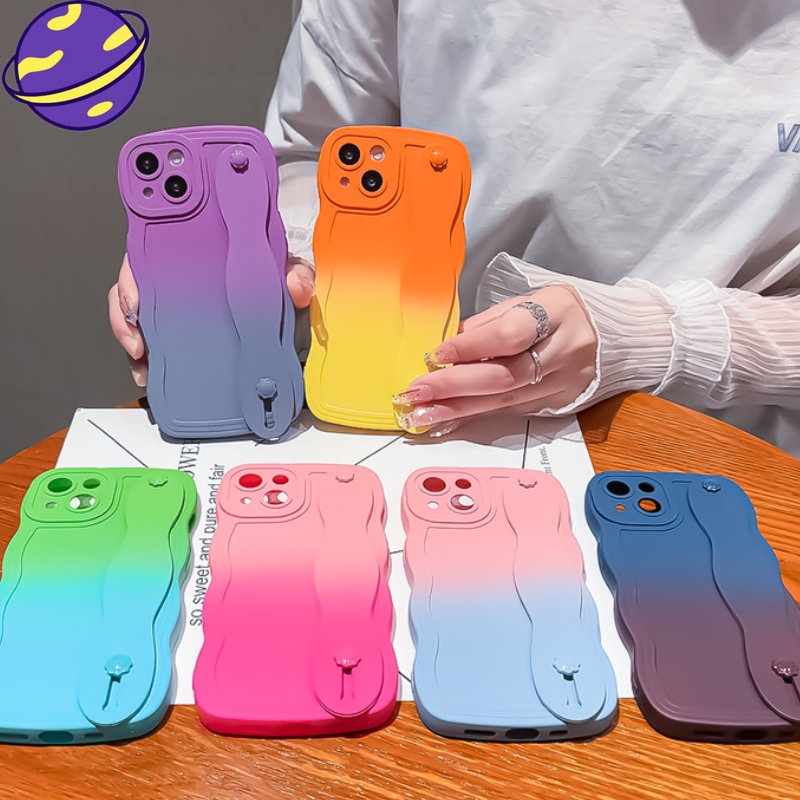 IPHONE Gradient Wristband Silicone Cover Untuk Iphone14 13 12 11 Pro X XS Max XR 7 8 14 Plus Frosted Casing Pelindung Kontras Berdiri Soft Case