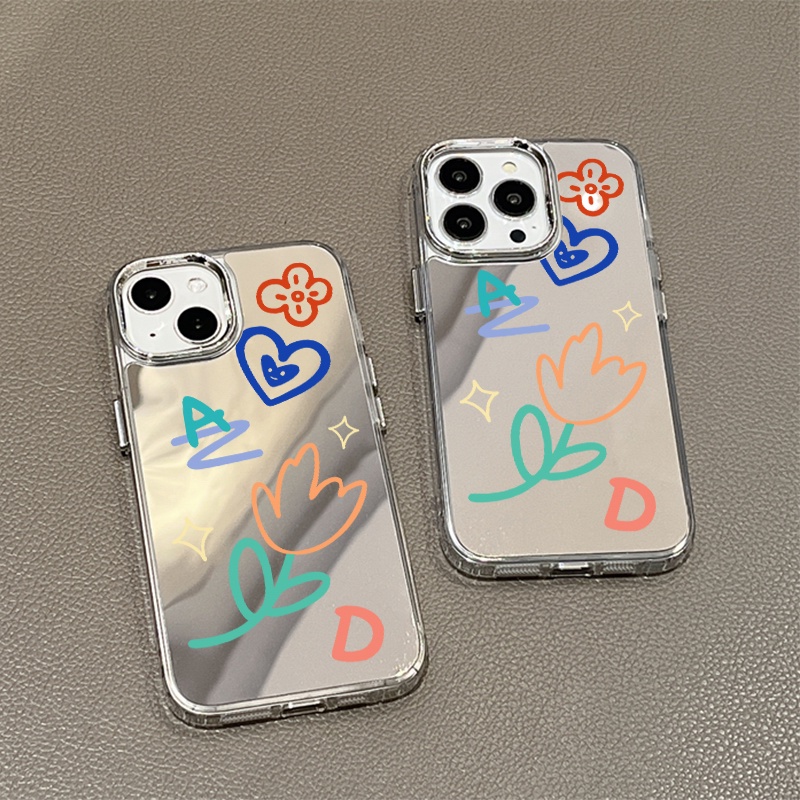 IPHONE Casing Ponsel Cermin Graffiti Kompatibel Untuk Iphone11 12 13 14 12Pro 13Pro 14Pro Pro Max XR X XS Max Electroplating Tombol Perlindungan Mirror Cover