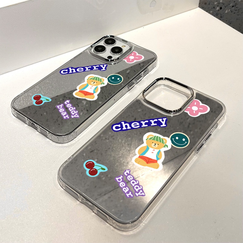 IPHONE Teddy Bear Mirror Phone Case Kompatibel Untuk Iphone11 12 13 14 12Pro 13Pro 14Pro Pro Max XR X XS Max Electroplating Tombol Perlindungan Mirror Cover