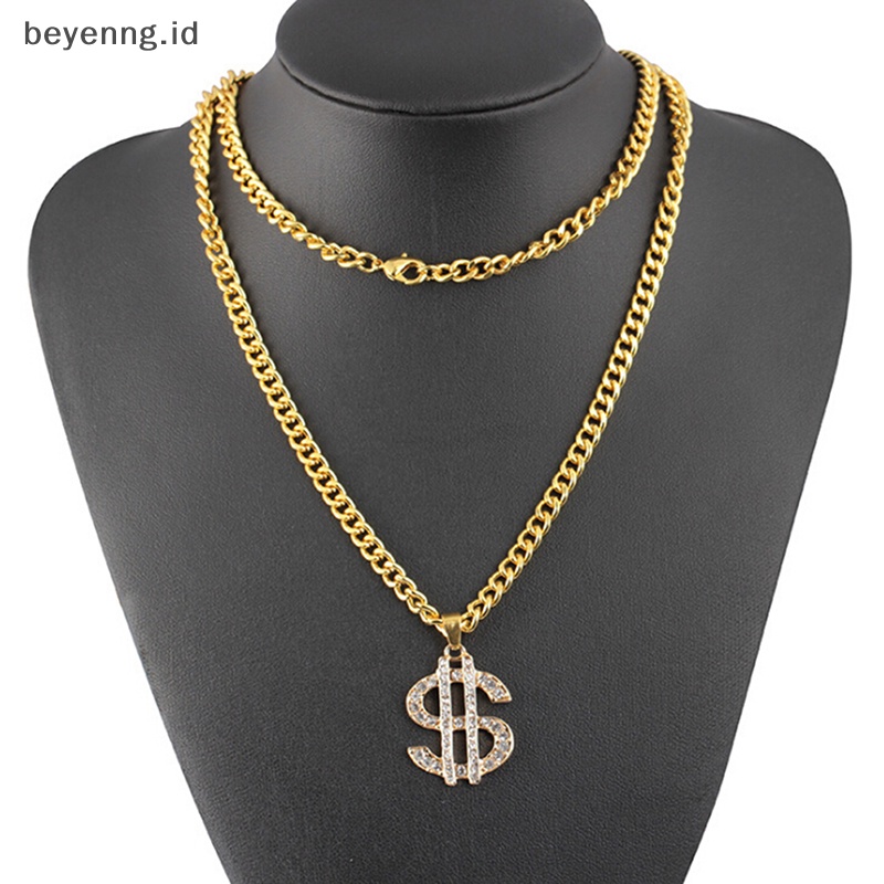 Beyen Kalung Liontin Tanda Dolar Kristal Lapis Emas Gangster Pimp Hip Hop Rantai ID