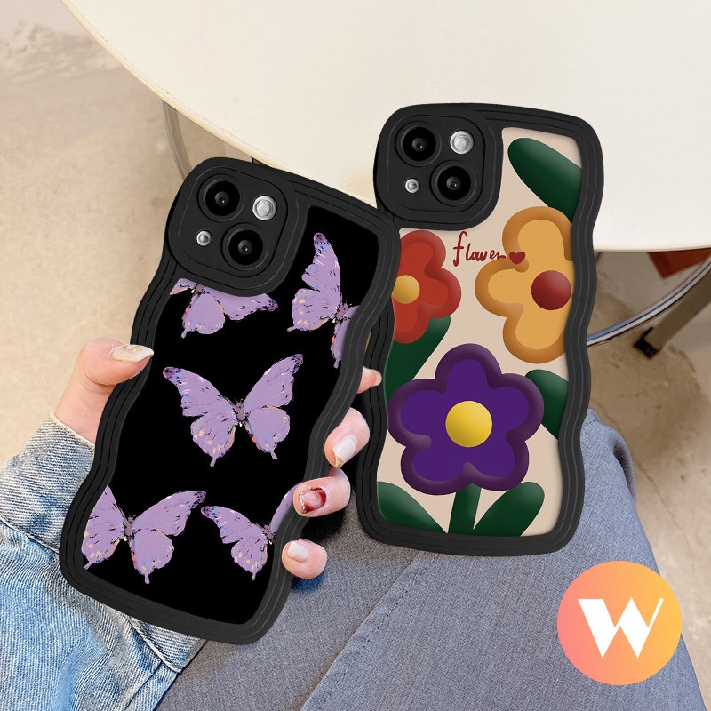 IPHONE Cover Tepi Bergelombang Lembut Kompatibel Untuk Iphone7 6s 8 6 14 Plus XS Max Se2020 7Plus 11 14 12 13 Pro Max XR X Fashion Kupu-Kupu Cantik Bunga Segar Lembut Back Phone Cover