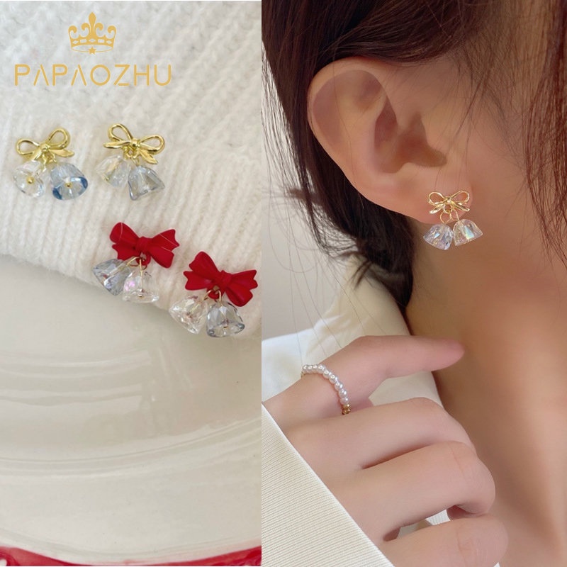 Papaozhu Indah Berongga Busur Bening Windbell Stud Earrings Untuk Wanita Gadis Korea Menjuntai Jingle Bell Earrings Perhiasan Hadiah Tahun Baru Untuk Pacar