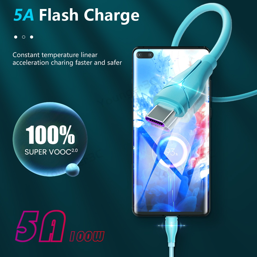 5a Super Fast Charging USB Cable Liquid Lembut Fast Charging Cord Perekat Cahaya Cerdas Aman Jalur Pengisian Cepat Untuk ios Micro Tipe C