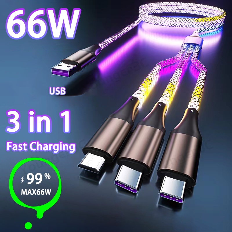 66w 6A Lampu RGB Pengisian Cepat Kabel Pernafasan Cahaya USB Tipe C Kabel Telepon Aksesoris Mobil Charge Kabel Untuk ios Typc C Micro