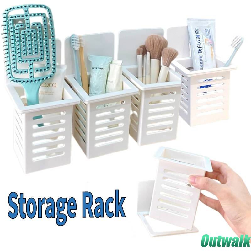 ღ Wall Mounted Hollow Drain Rack Self-adhesive Toothpaste Tempat Sikat Gigi Kamar Mandi Punch Free Floating Shelves Drain Rack Tool