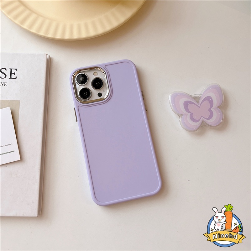 IPHONE Bingkai Plating Canggih Warna Solid Phone Case Purple Butterfly Phone Holder Kompatibel Untuk Iphone14 13 12 11 Pro Max X Xr Xs Max8 7 6 6s Plus SE Tahan Jatuh Cover Pelindung