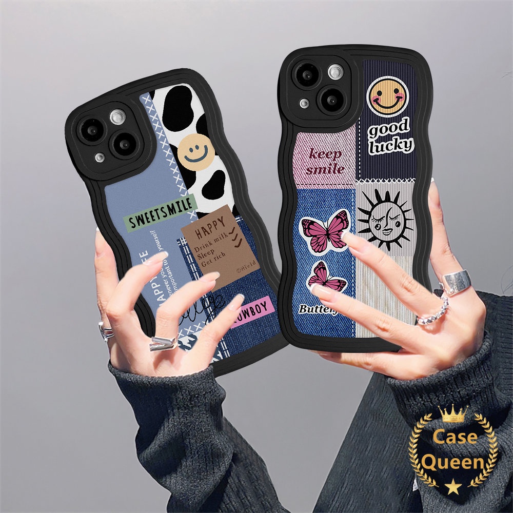 Houndstooth Diamond Pattern Lattice Splicing Flower Case Untuk Redmi 9C NFC A1 10A 12C 10C 9A 9C 10 9 9T Note9 10S 8 10 11 11s Lembut Bergelombang Tepi Pola Kupu-Kupu Splicing Penutup Senyum