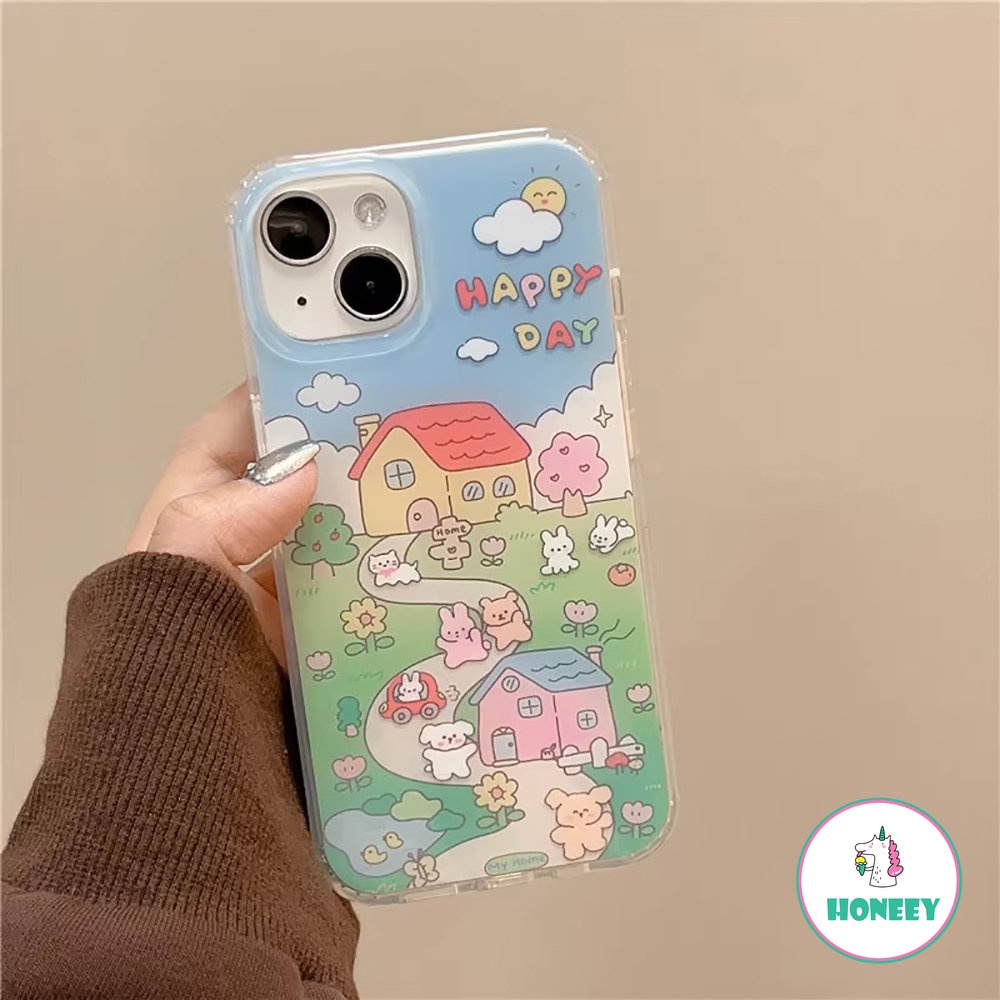 IPHONE Ins Kartun Beruang Kelinci Ilustrasi Ponsel Case Kompatibel Untuk Iphone14 Pro Max13 12promax Case Untuk Iphone11Sarung Belakang Tahan Guncangan Akrilik