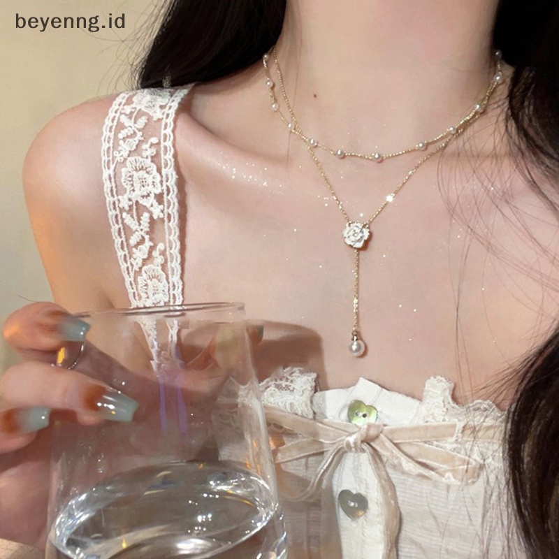 Kalilaeyen kalung mutiara rumbai berlapis dalikaouble untuk desain ceruk perempuan rantai tulang kerah camellia cahaya mewah high-end merasa temperamen rantai leher dalika
