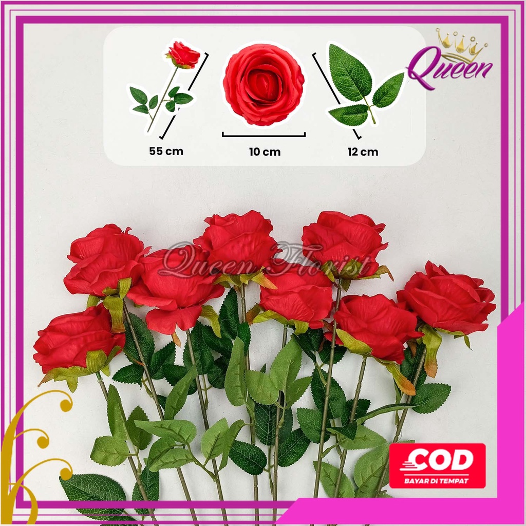 Rose Single Kain - 1 Tangkai Panjang 50 CM Bunga Mawar Satuan Kain Artificial untuk Hiasan Buket Kamar Cafe Rumah Ruang Tamu dan Dekorasi Wedding Pernikahan Pelaminan Murah Import Berkualitas Artifisial