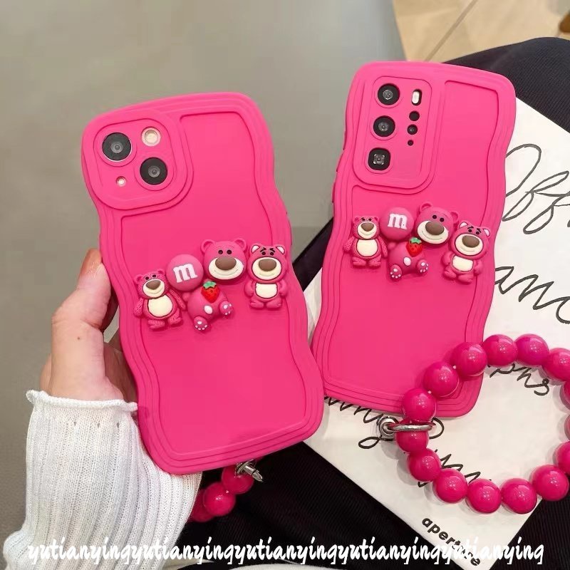 Shockproof Simple Wave Edge Bead Bracelet Case Compatible for IPhone 7 6s 8 6 Plus XR XS X MAX 11 13 12 14 Pro Max SE 2020 3D Cute Lotso Decor Soft Back Case with Heart Bracelet