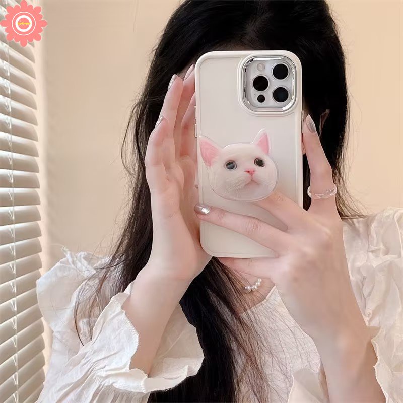 Cute Kitty Cat Phone Holder Case Compatible for IPhone 11 13 12 14 Pro Max 7plus X XR 7 8 Plus XS MAX Simple Solid Color Metal Lens Frame Phone Cover