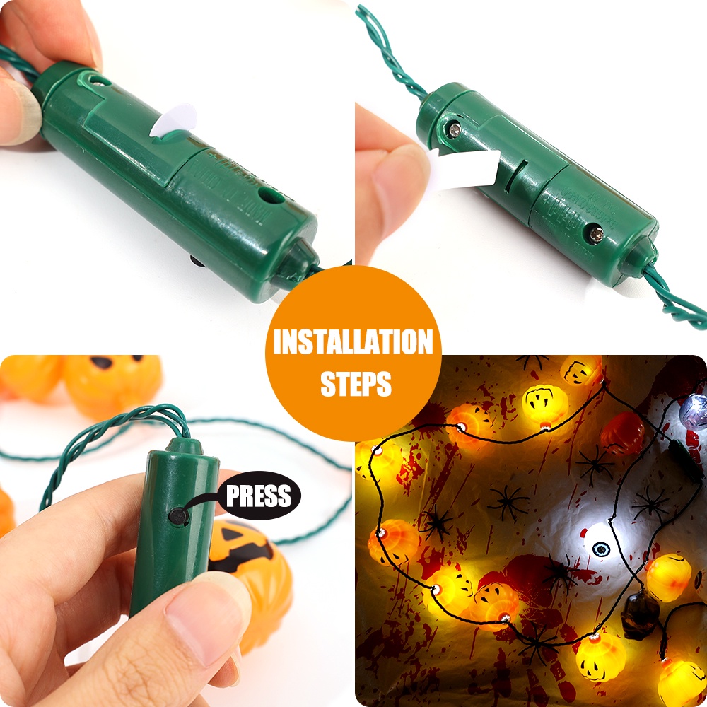 1m Halloween Lampu Kalung LED/3-Mode Lampu Kedip String/Lampu Labu Bola Mata Hantu Mengerikan/Dekorasi Rumah Nikmat Pesta/Anak-Anak Dewasa Trick or Treat Aksesoris