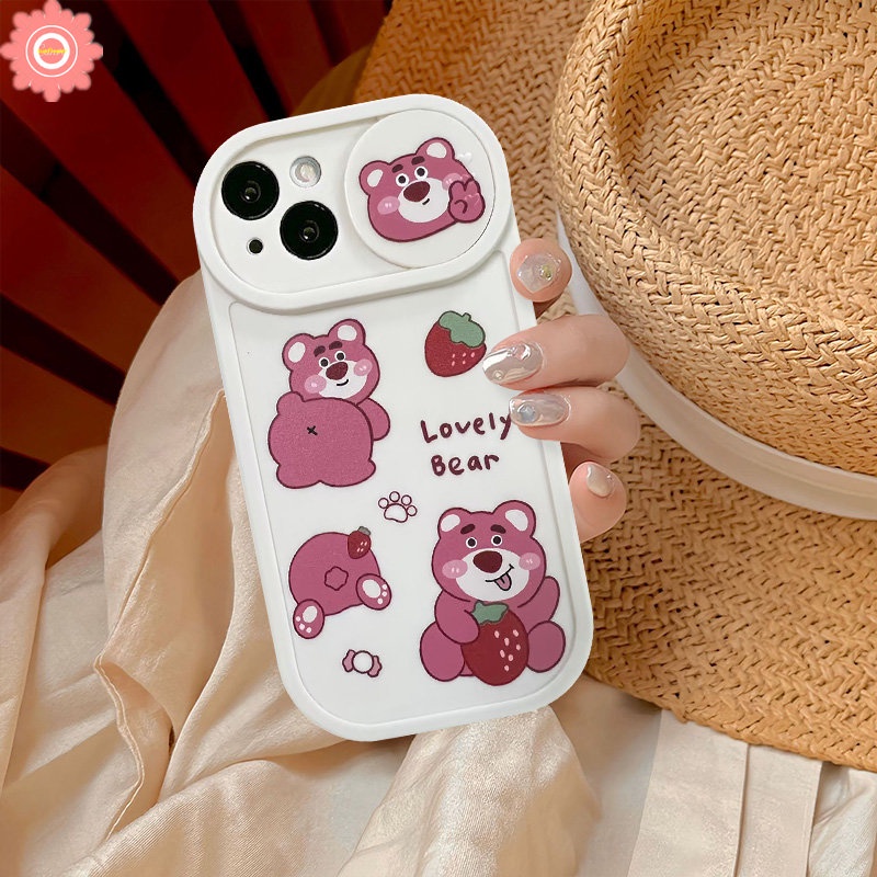 Strawberry Bear Lotso Cartoon Case Compatible for IPhone 11 7Plus XR 13 12 Pro Max 8Plus X XS Max Push Pull Window Lovely Doraemon Funny Dinosaur Camera Lens Protector Cover