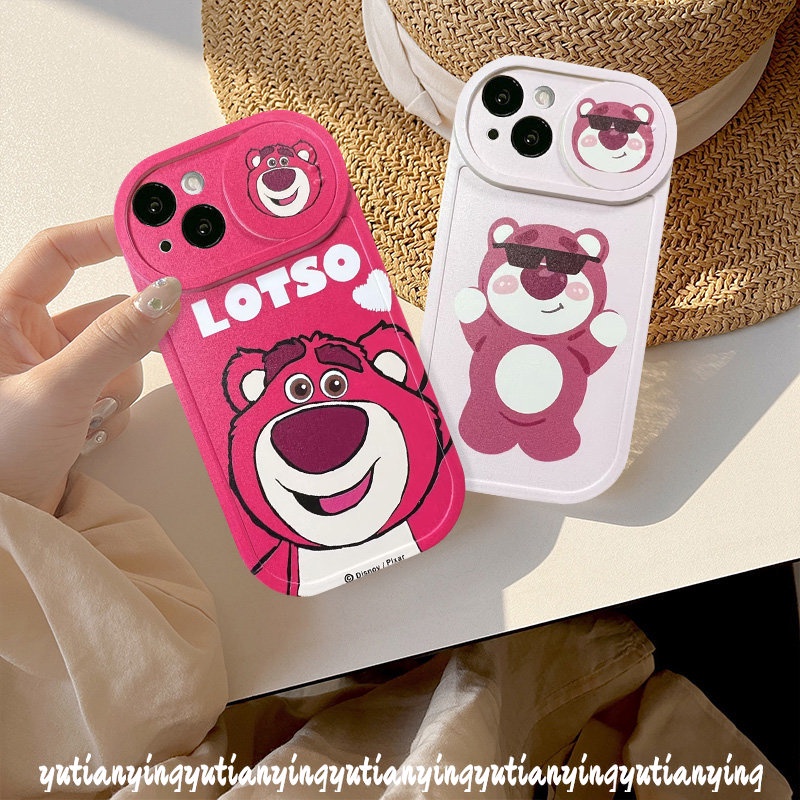 Cute Cartoon Strawberry Bear Lotso Push Pull Window Camera Lens Protector Case Compatible For iPhone 7Plus XR X XS Max 11 13 12 Pro Max 8Plus Funny Doraemon Cover