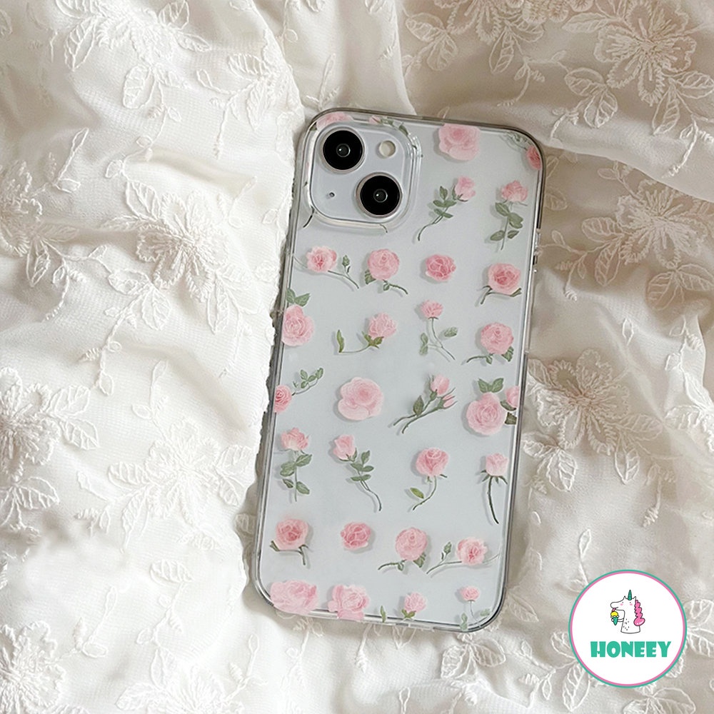 IPHONE Casing Ponsel Motif Bening Lembut Kompatibel Untuk Iphone11 14 Pro Max12 13 X XR XS Max7 8 Plus Cangkang Pelindung Bunga Mawar Pink