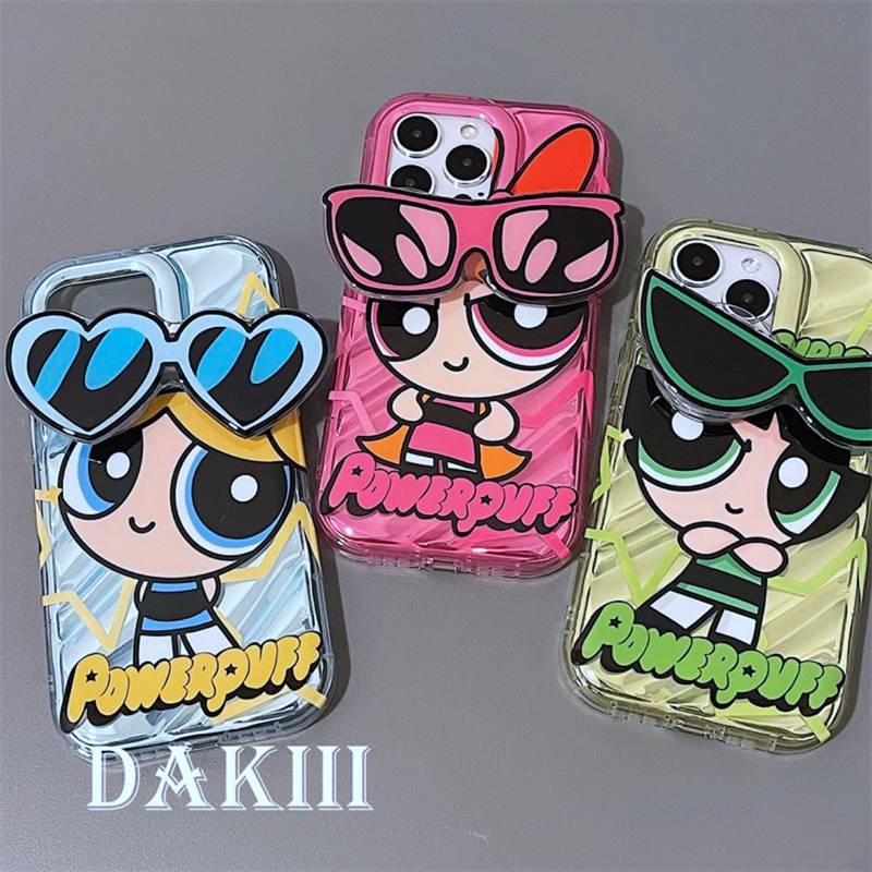 【The Powerpuff Girls】So Cool Laser Wave Gradient Silver Airbag SoftCase IPhone 11 12 13 14 Pro Max X XR XS MAX 14 Plus Girl Women's Fashion Cute Phone Case Gift Popsocket Sunglasse