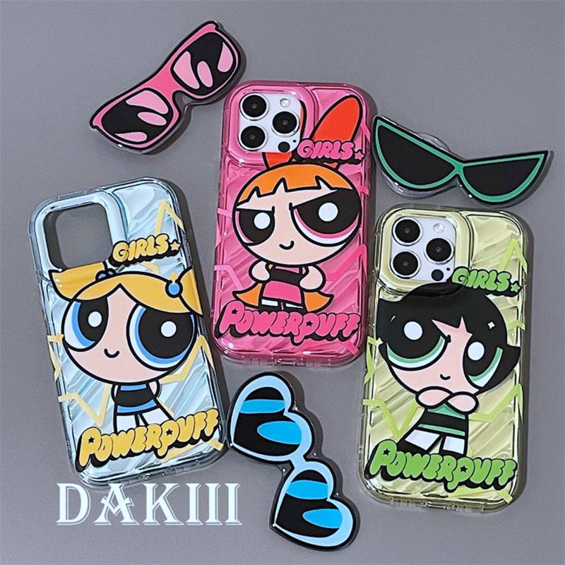 【The Powerpuff Girls】So Cool Laser Wave Gradient Silver Airbag SoftCase IPhone 11 12 13 14 Pro Max X XR XS MAX 14 Plus Girl Women's Fashion Cute Phone Case Gift Popsocket Sunglasse