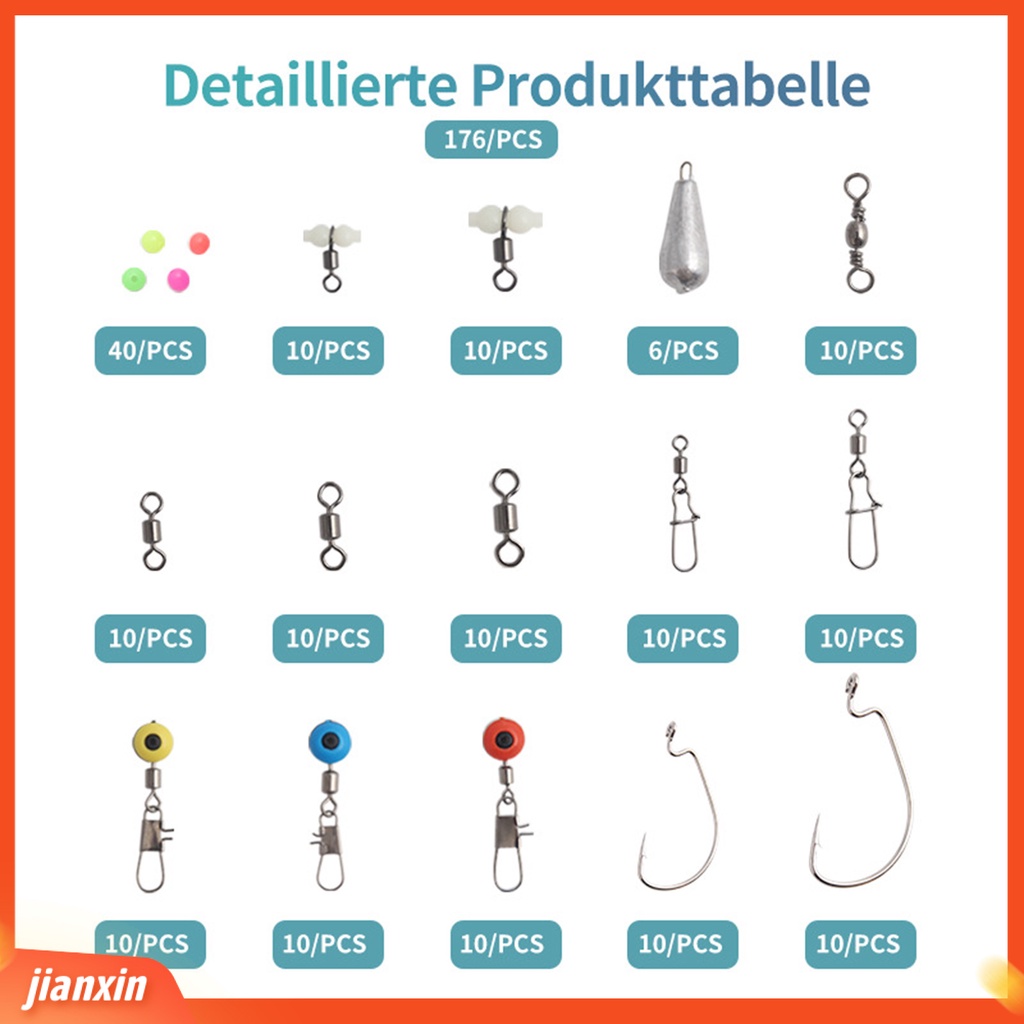 (In Stock) 176Pcs /Set Konektor Umpan Pancing Putar Engkol Kait Kacang Sinker Aksesori Untuk Angling