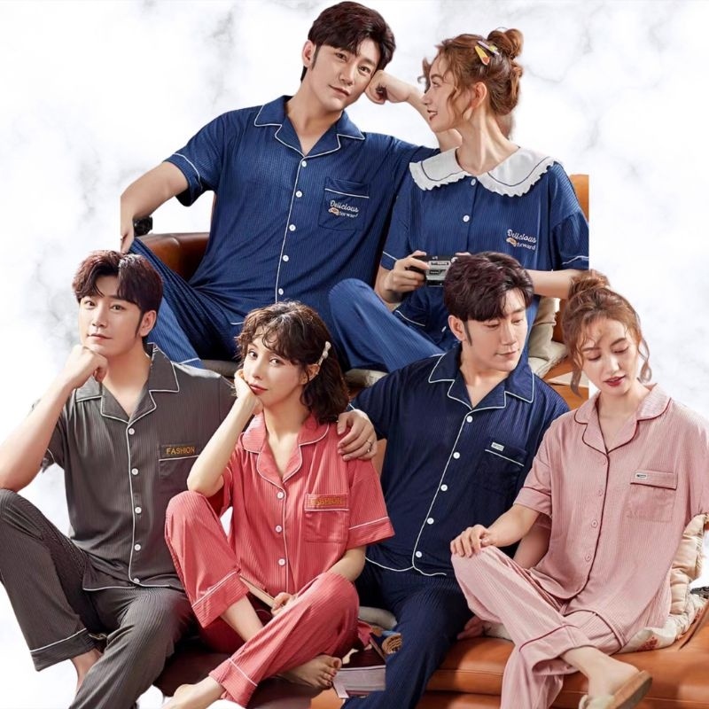 SETELAN PIYAMA SET BAJU TIDUR PRIA WANITA COUPLE PASANGAN SUAMI ISTRI CP LENGAN PENDEK IMPORT KATUN 