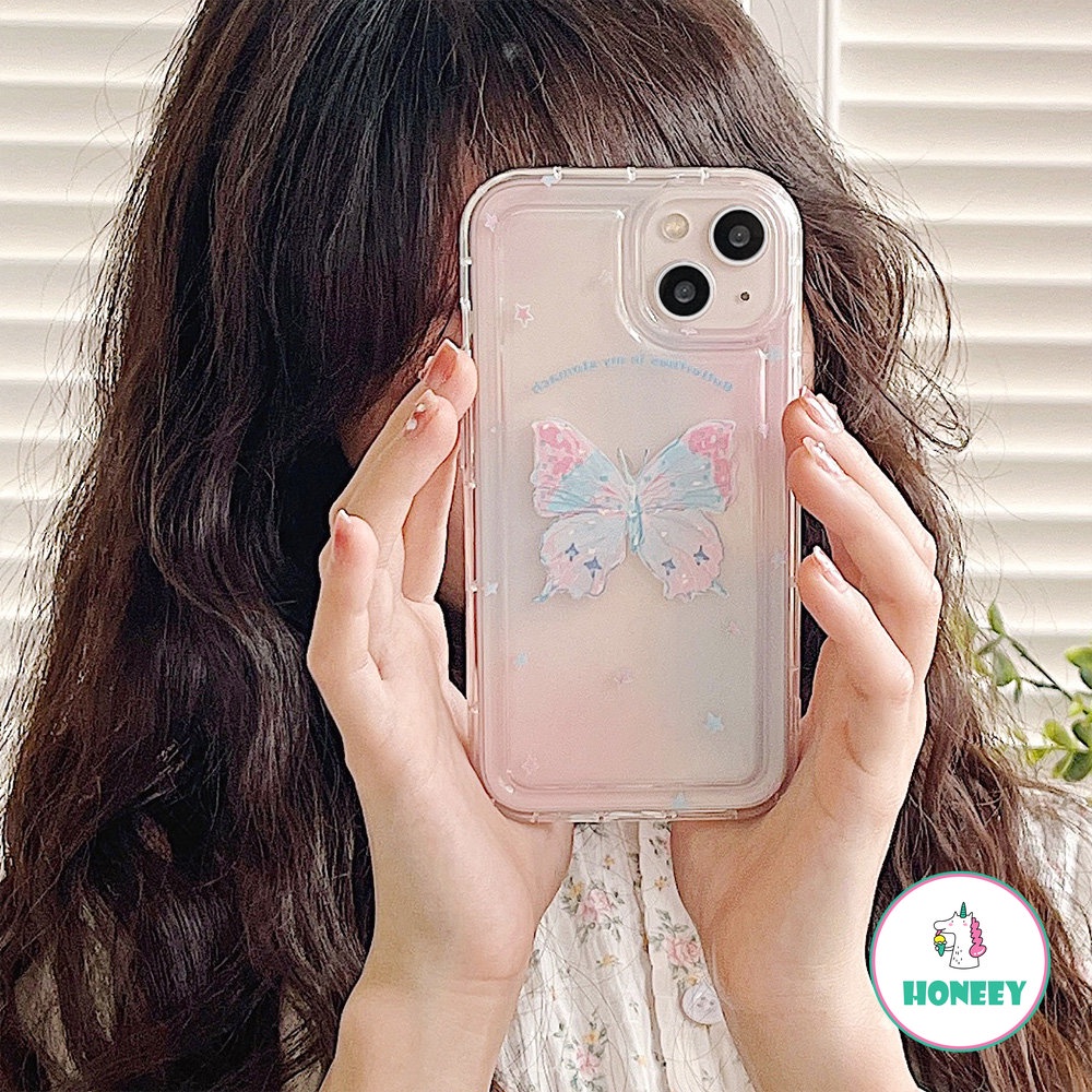 IPHONE Casing Ponsel Kupu-Kupu Gradasi Warna Korea Kompatibel Untuk Iphone14 13 12 11 Pro Max XR XS 7Plus 8Plus Bening Airbag Shockproof Back Cover