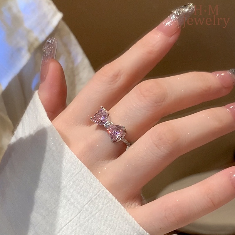 Fashion High Sense Pink Diamond Bow Ring Pink Loving Heart with Opening Ring Adjustable