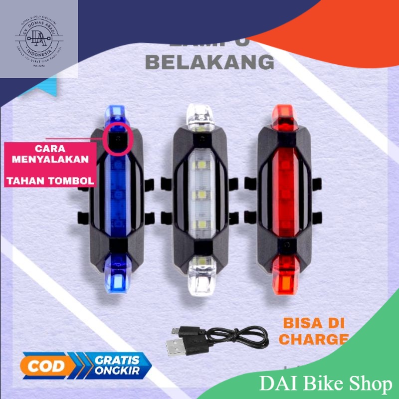 Lampu belakang sepeda led charger rechargeable cas terang merah biru putih mtb lipat anak bmx fixie 