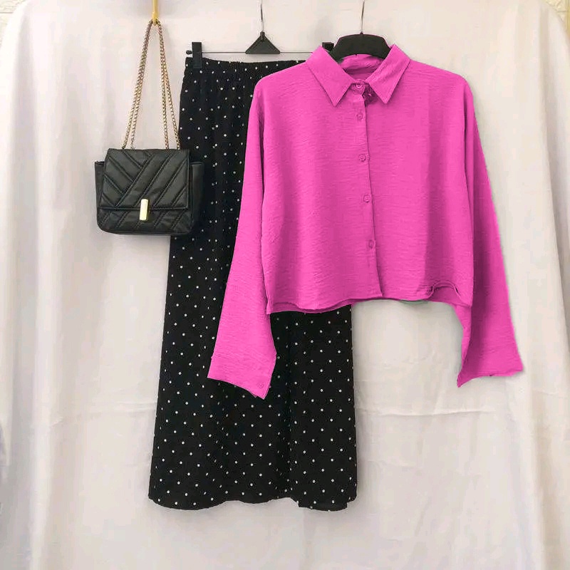 one set rok wanita kekinian terbaru crop top rok polkadot