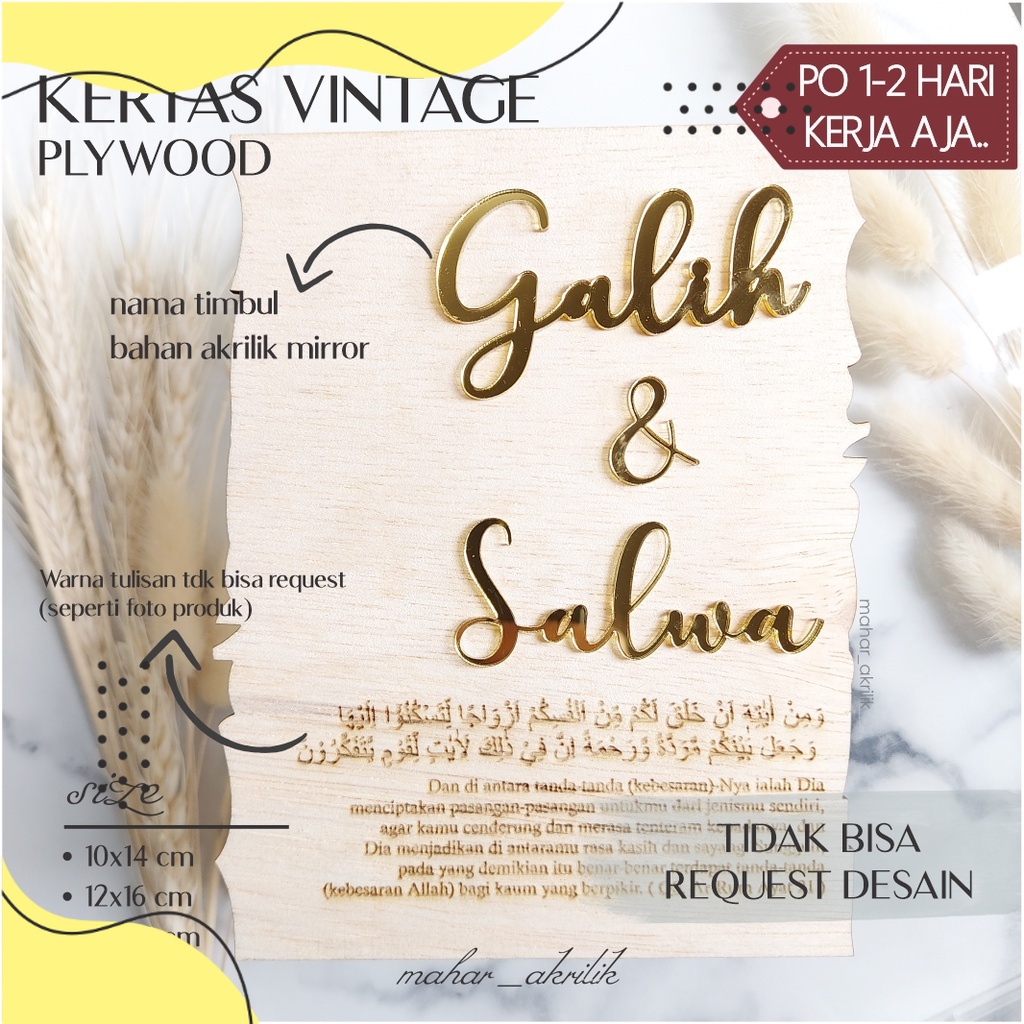 Kertas Vintage Nama Timbul Akrilik Mirror / Bahan Plywood Ukir Model Kertas Vintage Hiasan Mahar