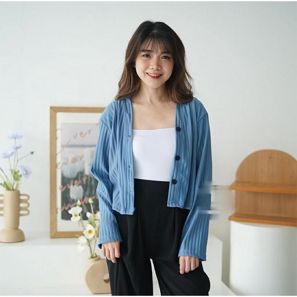 JIA Fashion Baju Cardigan Waniita terbaru /  AKEMI HORNET KNIT CROP / Cardi Cewek Kancing / Baju Out