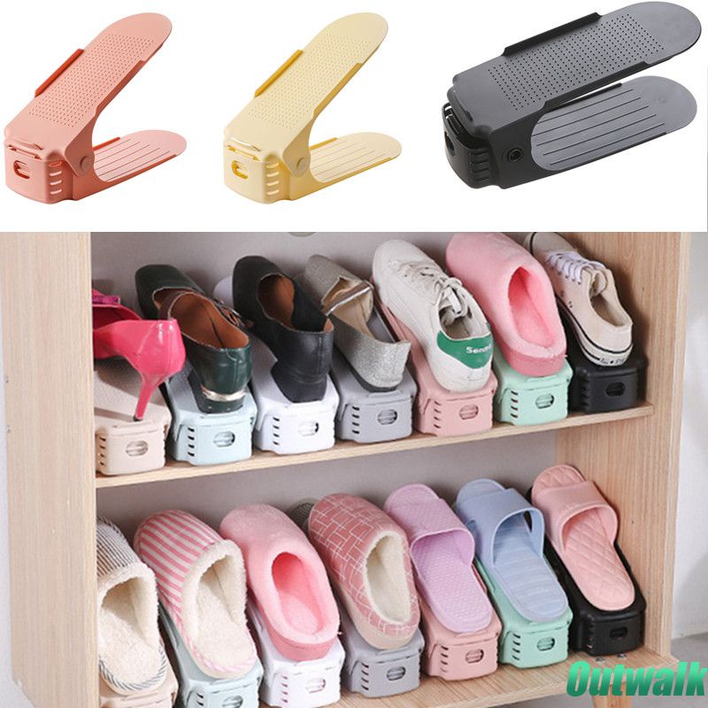 ღ Double Layer Adjustable Rak Sepatu Sepatu Stacker Sepatu Slot Ruang Savers Sepatu Rak Pemegang Kamar Tidur Plastik Disesuaikan Penyimpanan organizer