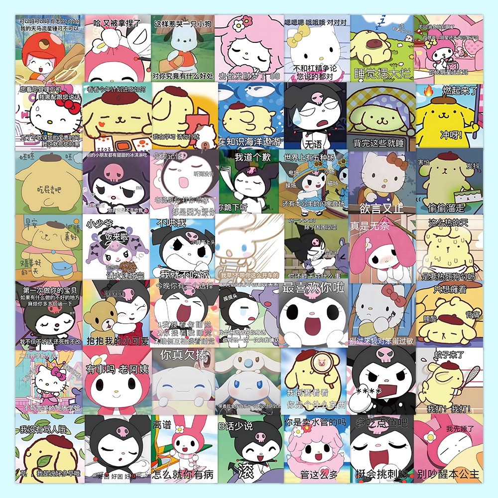 ღ 64Pcs Sanrio Grafiti Stiker Lucu Melodi Kuromi Puding Anjing Hello Kitty Kucing Kartun Koleksi Termal Piala Ponsel case Dekorasi Aksesoris