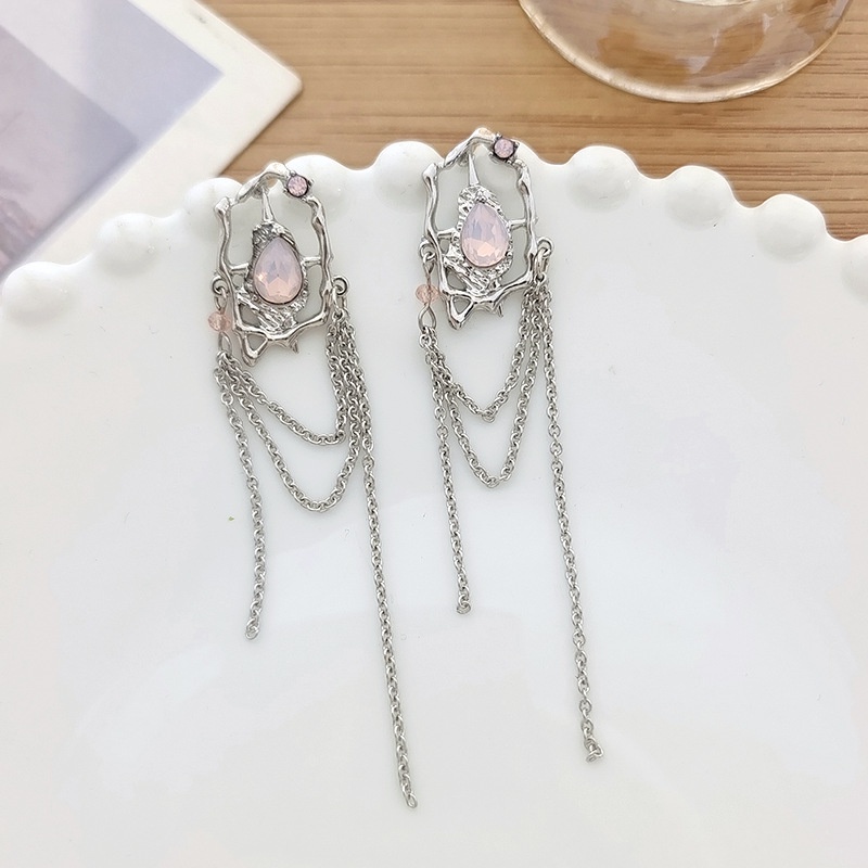 Yeezii Anting Tusuk Zirkon Pink Individu Silver Rumbai Earings Untuk Perhiasan Aksesoris Wanita