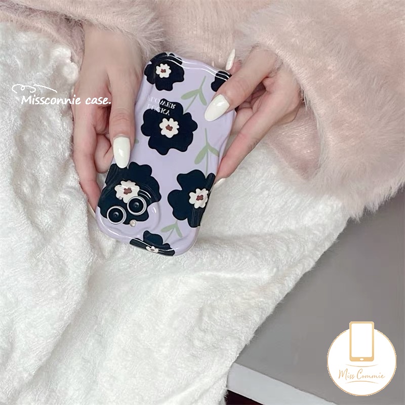 IPHONE Floral Soft Tpu Phone Case Kompatibel Untuk Iphone11 13 12 14 Pro Max7 8 6s 6 Plus XR X XS Max SE 2020 Glossy 3D Wavy Curved Edge Fresh Flower Airbag Shockproof Purple Cover