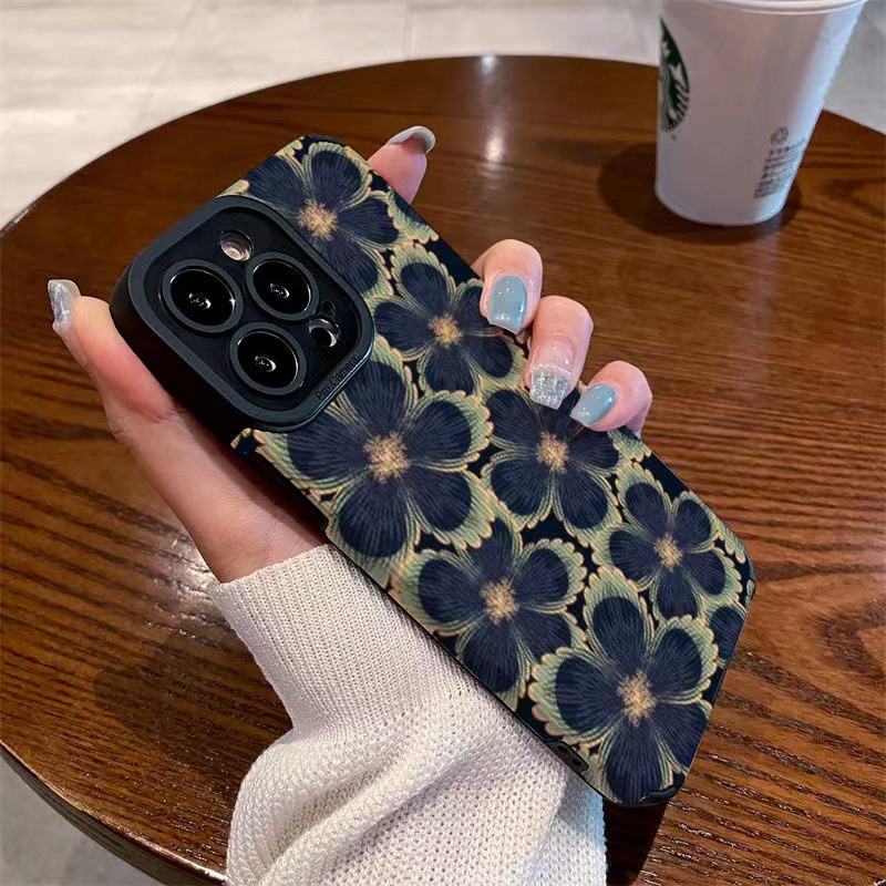 Leather Green Black Flower Soft Case for IPhone 6S 7 Plus 8 Plus X XS XR XS Max 11 13 12 14 PRO Max 14 Plus 13 12 Mini Pretty Case for Girl Women's Fashion