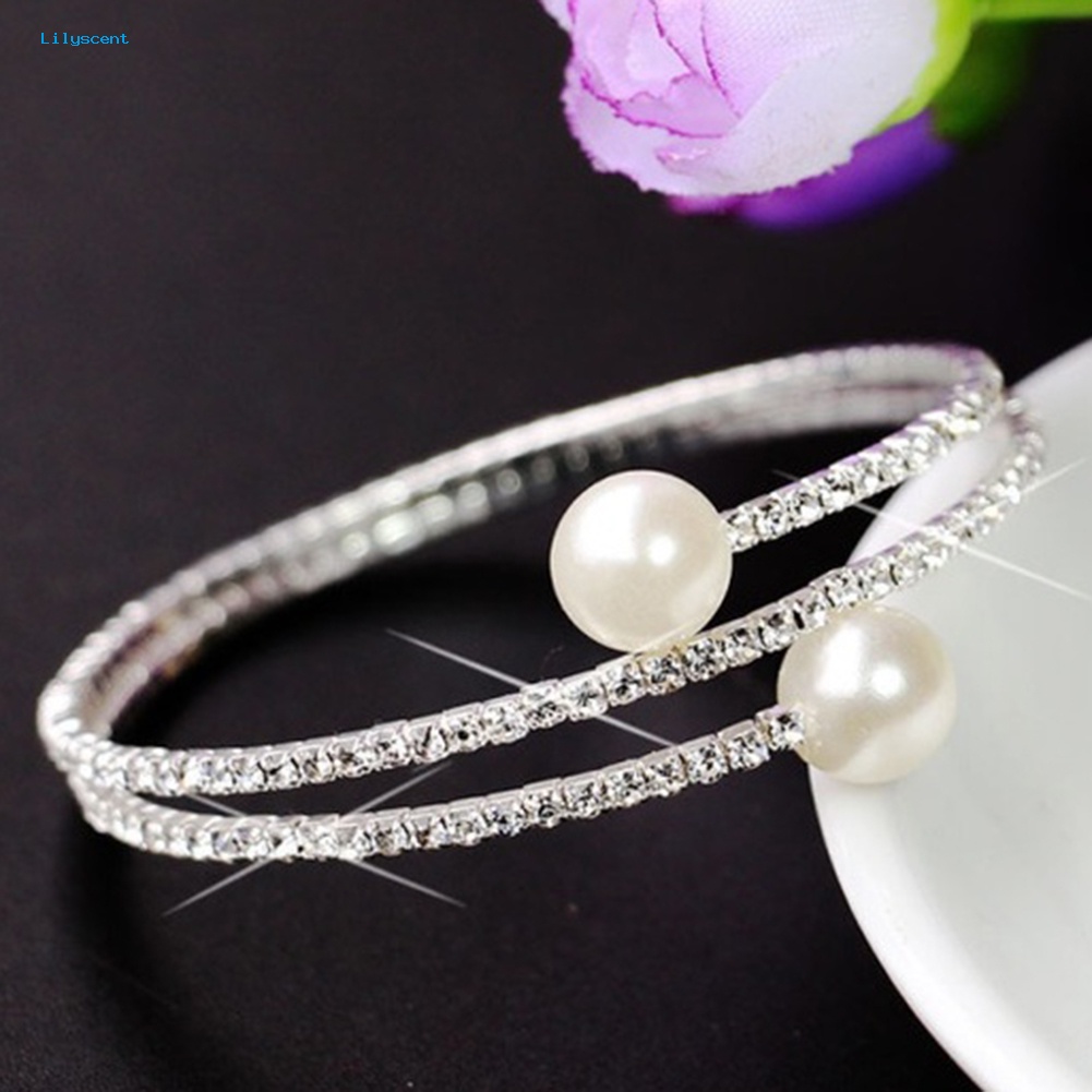 Lilyscent Wanita Penuh Berlian Imitasi Multi-layer Gelang Pergelangan Tangan Mutiara Imitasi Cuff Open Bangle