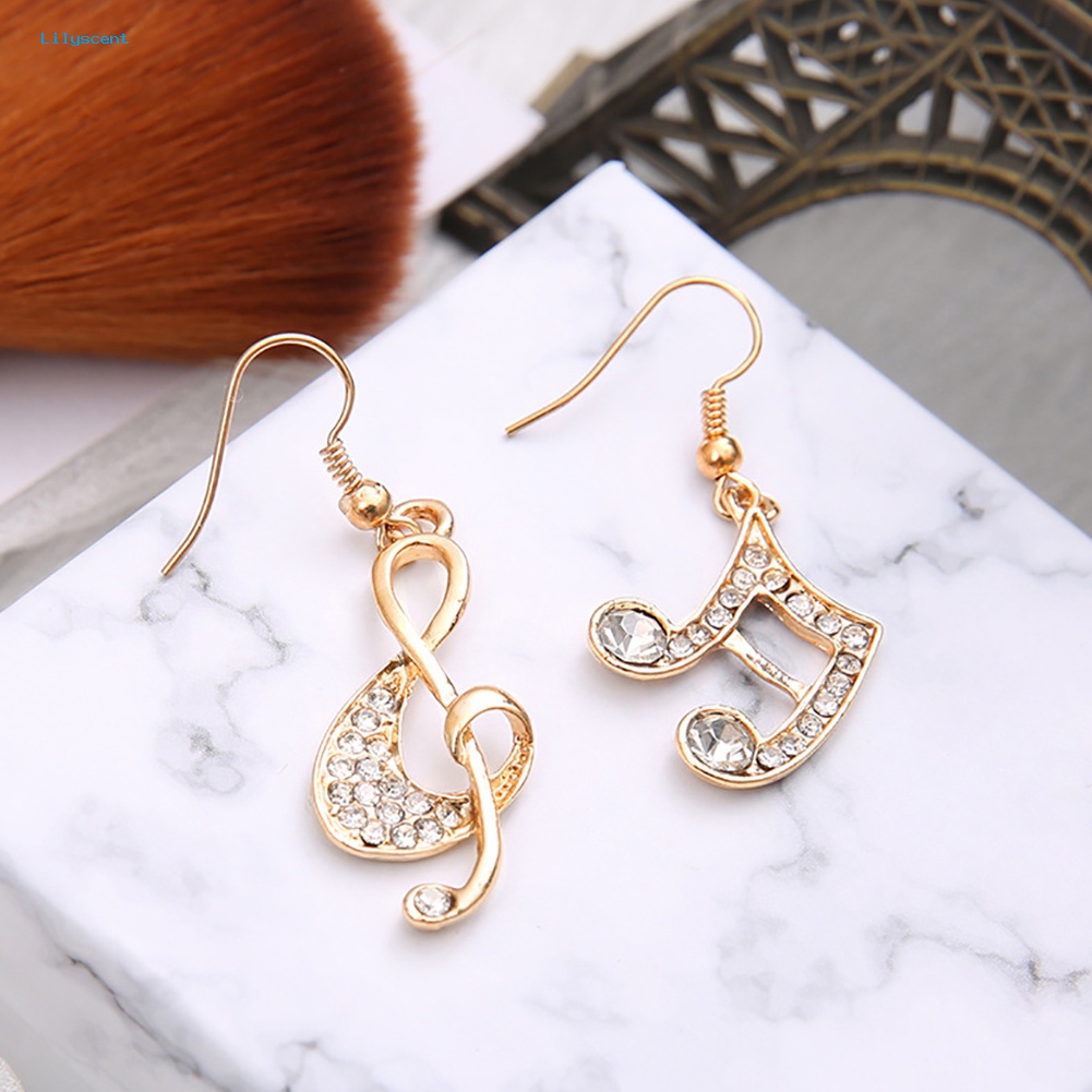 Lilyscent Fashion Wanita Musik Note Treble Clef Berlian Imitasi Menjuntai Kait Anting Perhiasan