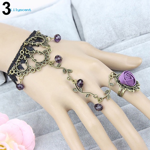 Lilyscent Retro Gothic Wanita Renda Bunga Tangan Budak Harness Gelang Rantai Cincin Perhiasan