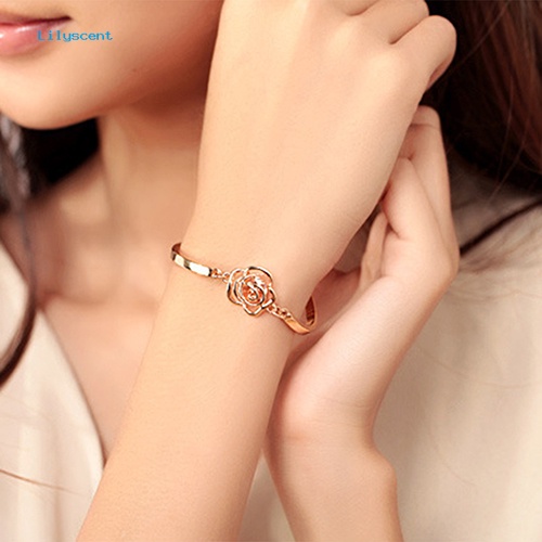 Lilyscent Wanita Emas Bunga Kristal Rose Bangle Cuff Rantai Gelang Chic Perhiasan Hadir