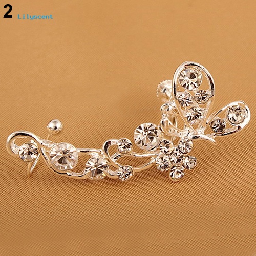 Lilyscent Retro Kristal Imitasi Kupu-Kupu Bunga Telinga Cuff Stud Earring Clip on Untuk Telinga Kanan