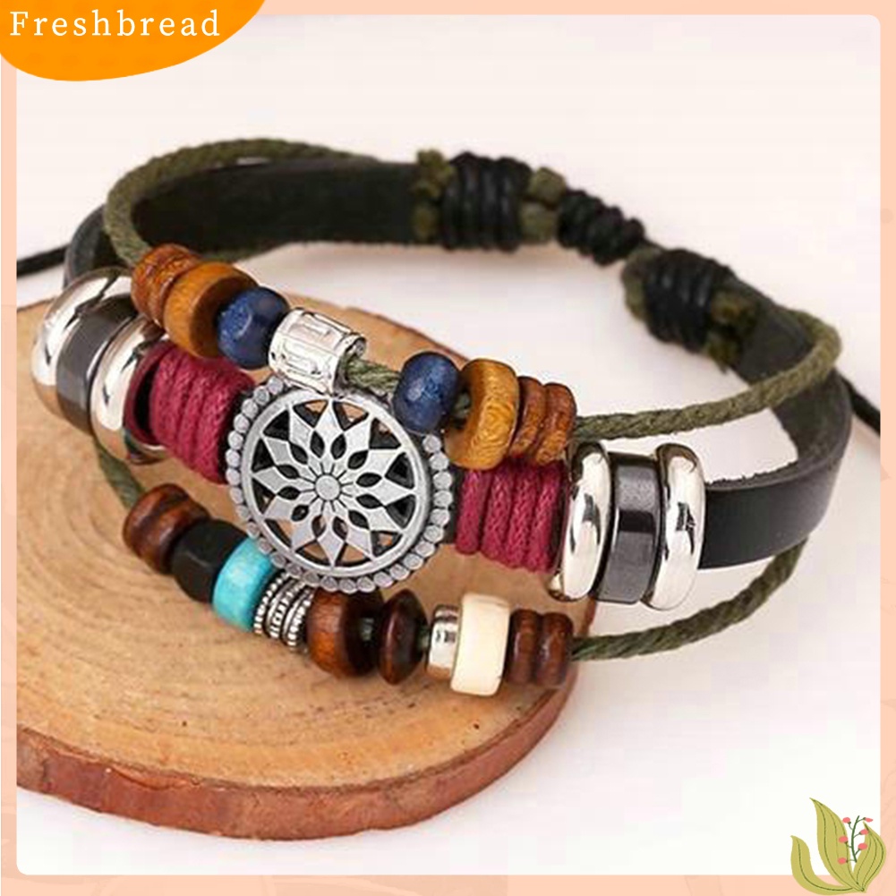 &lt; Freshbread &gt; Boho Wanita Multi Layer Manik-Manik Anyaman Tali Kulit Gelang Adjustable Jewelry