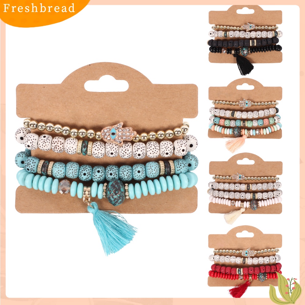 &lt; Freshbread &gt; 4Pcs Vintage Wanita Mutiara Imitasi Bodhi Beads Rumbai Gelang Set Pernyataan Perhiasan