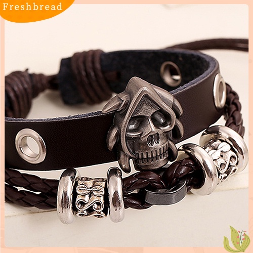 &lt; Freshbread &gt; Fashion Pria Wanita Punk Tengkorak Dikepang Kulit Imitasi Multilayer Buatan Tangan Gelang