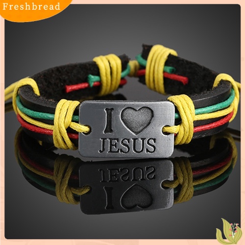 &lt; Freshbread &gt; Unisex I LOVE JESUS Faux Leather Bangle Rantai Tali Rami Gelang Yang Dapat Disesuaikan