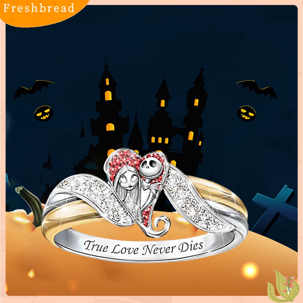 &lt; Freshbread &gt; Ganda Warna Bentuk Hati Wanita Cincin Paduan Pola Hantu Huruf Cetak Berlian Imitasi Halloween Cincin Perhiasan Aksesori