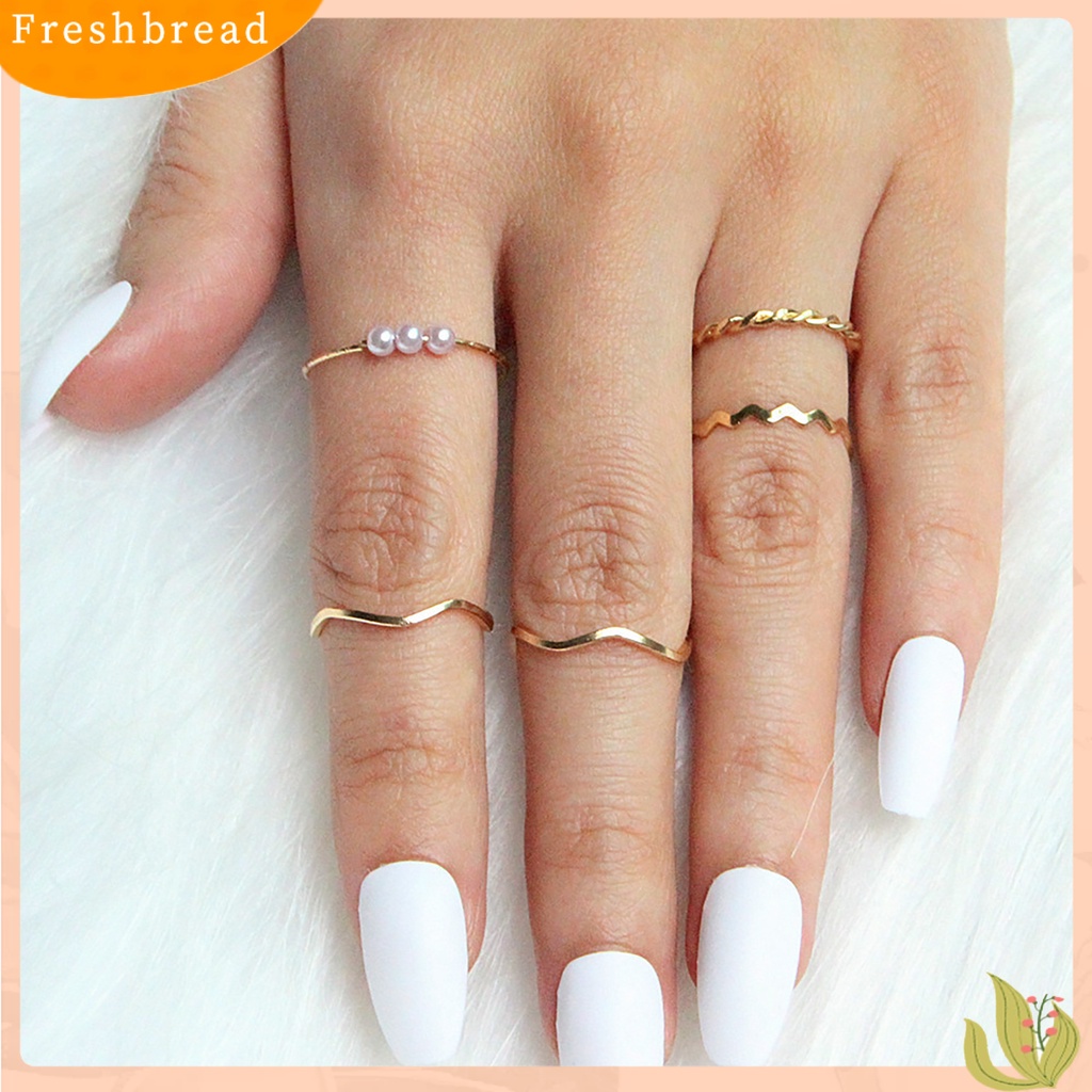 &lt; Freshbread &gt; 5Pcs/set Wanita Stackable Berlian Imitasi Gelombang Tipis Midi Cincin Buku Jari Cincin Perhiasan Aksesori