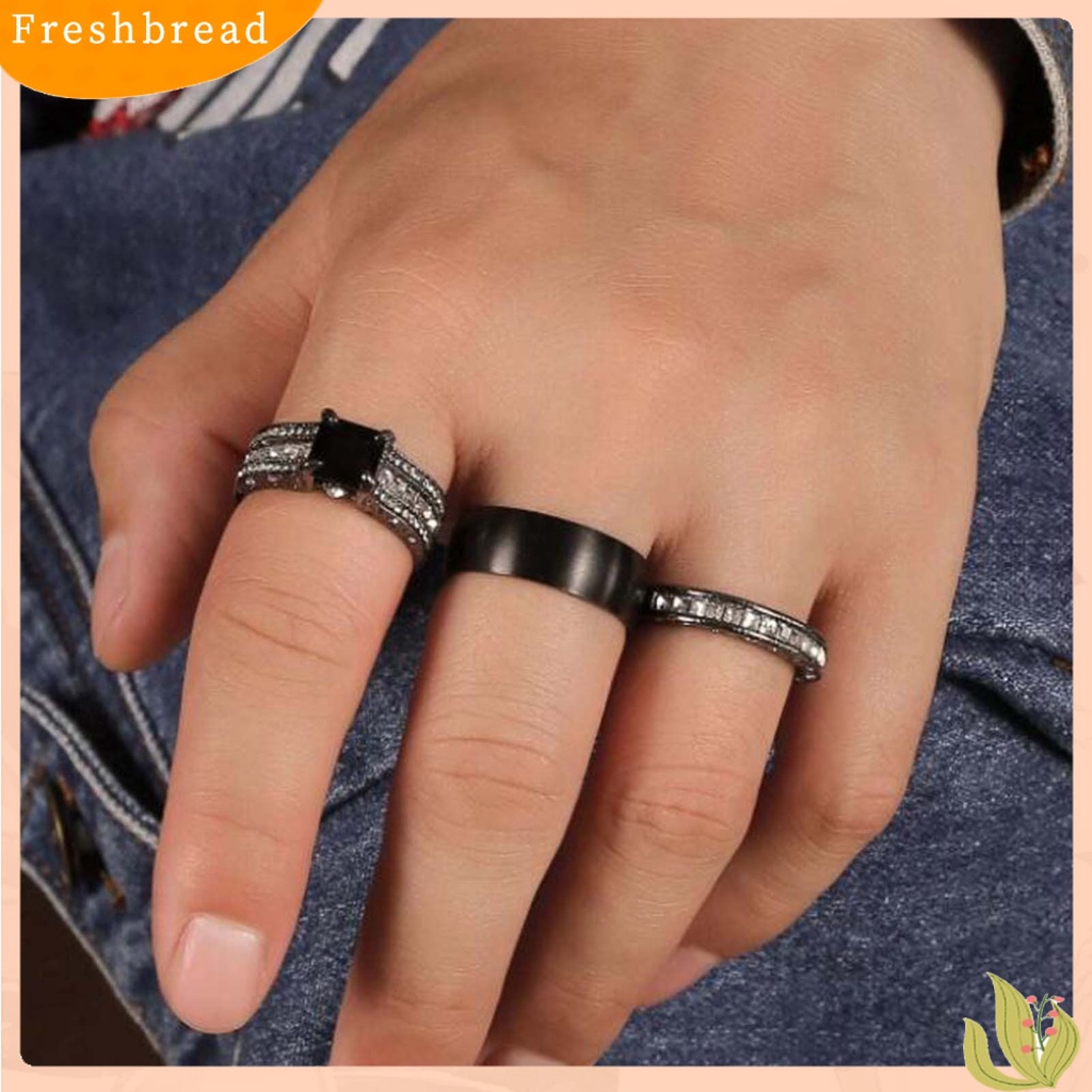 &lt; Freshbread &gt; 3Pcs/Set Cincin Pasangan Laporan Permukaan Halus Paduan Persegi Bertatahkan Cubic Zirconia Pernikahan Band Perhiasan Fashion