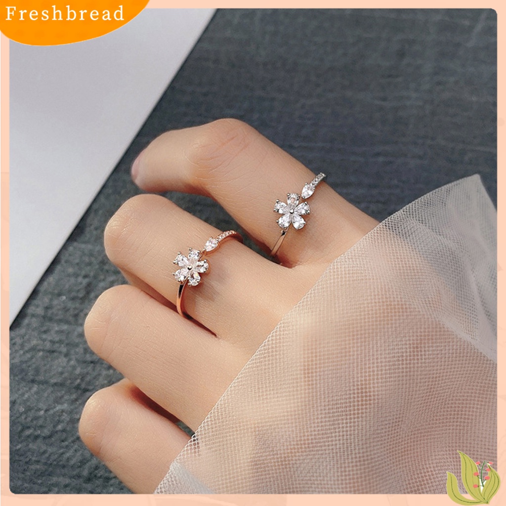 &lt; Freshbread &gt; Wanita Cincin Pembukaan Manis Mewah Emas Warna Perak Berlian Imitasi Tertanam Lima Kelopak Bunga Jari Cincin Perhiasan Fashion